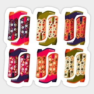 Collection of hand drawn cowboy boots decorated with flowers on pink background. Vibrant and colorful vector illustration. Sticker